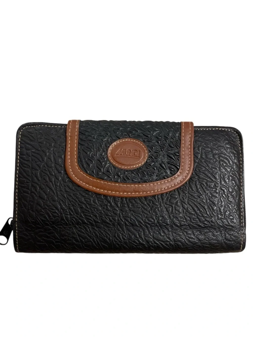 Mundi Vintage Black Elephant Grain Leather Checkbook Wallet Zip Around Clutch